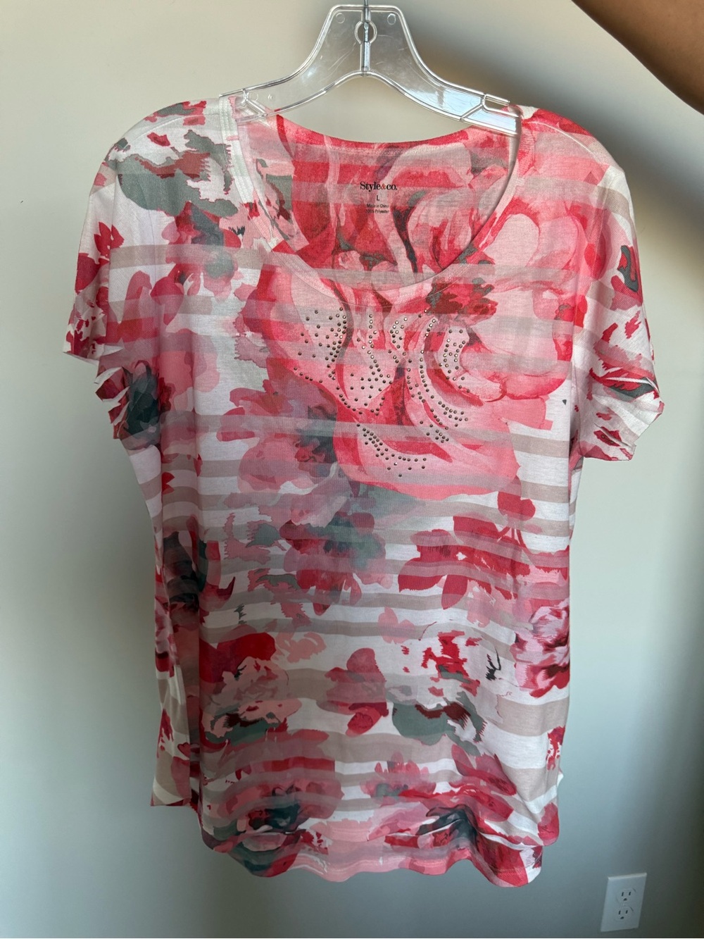 Style & Co. Pink Floral Short Sleeve Top with Rhinestone Accents